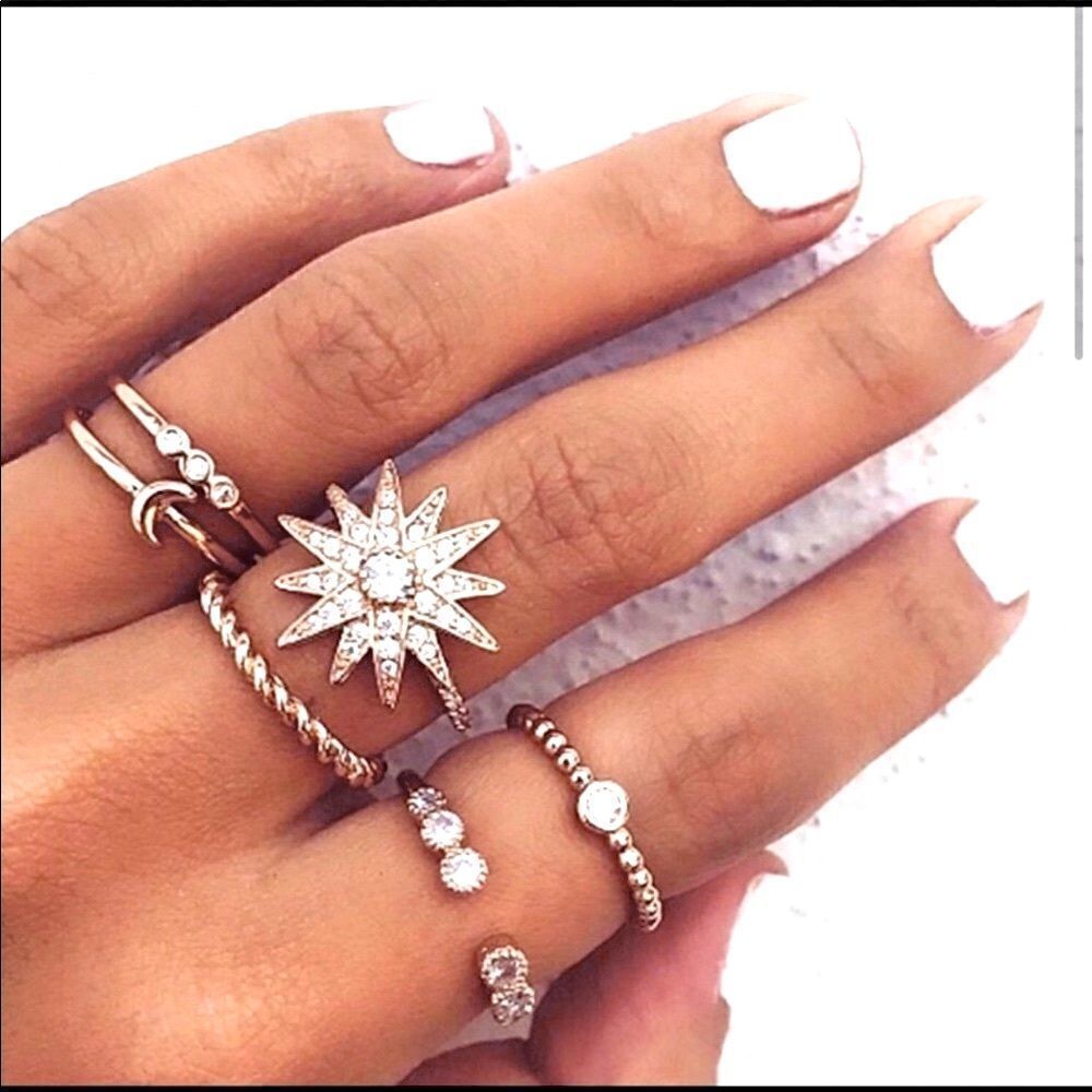 6 Piece Gold  Rhinestone Boho Stackable Ring
